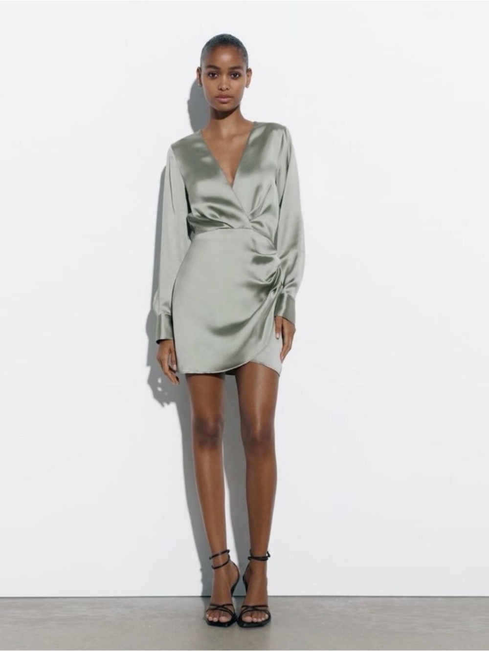 Zara Sage Green Satin Wrap Mini Dress | Long Sleeve | Size L